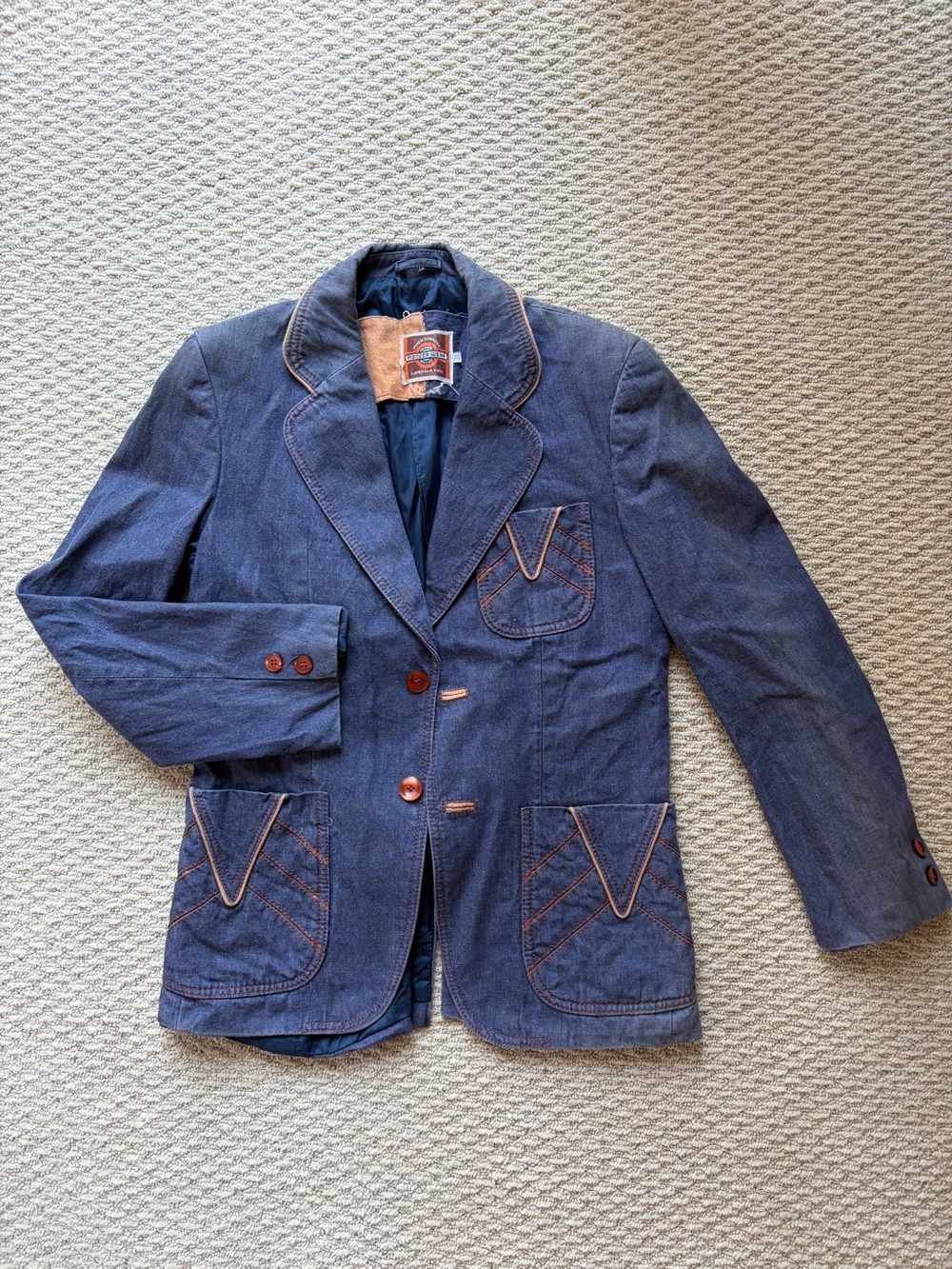 Vintage PIONEER WEAR Dark Blue Denim Blazer with Brown Stitching